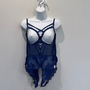 NWT AVIDLOVE Women Blue Lace Sheer Open Cup Sexy Teddy Lingerie Babydoll Size L